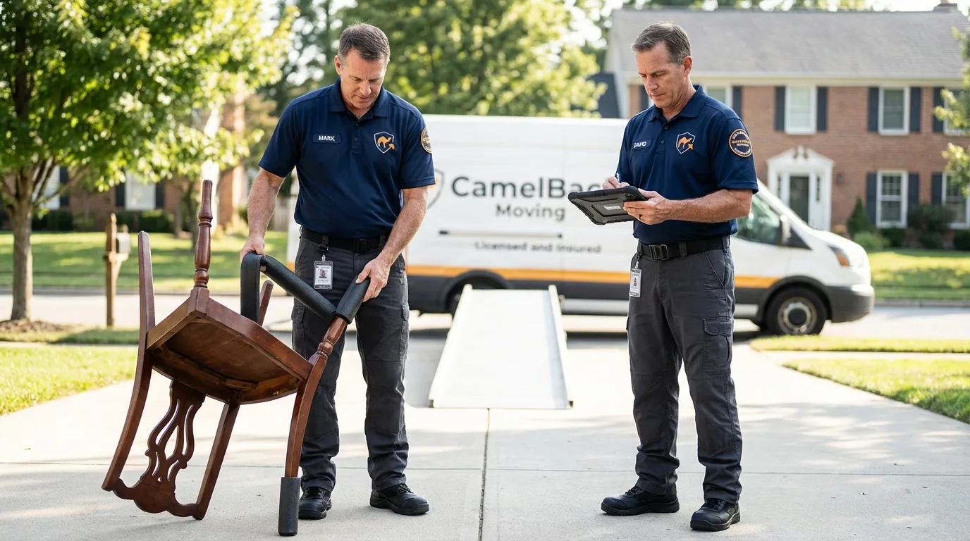 Movers inspecting furniture for damage prevention before loading in Leitchfield, KY