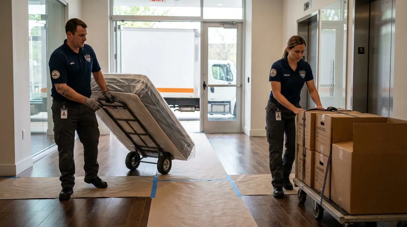 Professional apartment movers loading elevator in Leitchfield, KY
