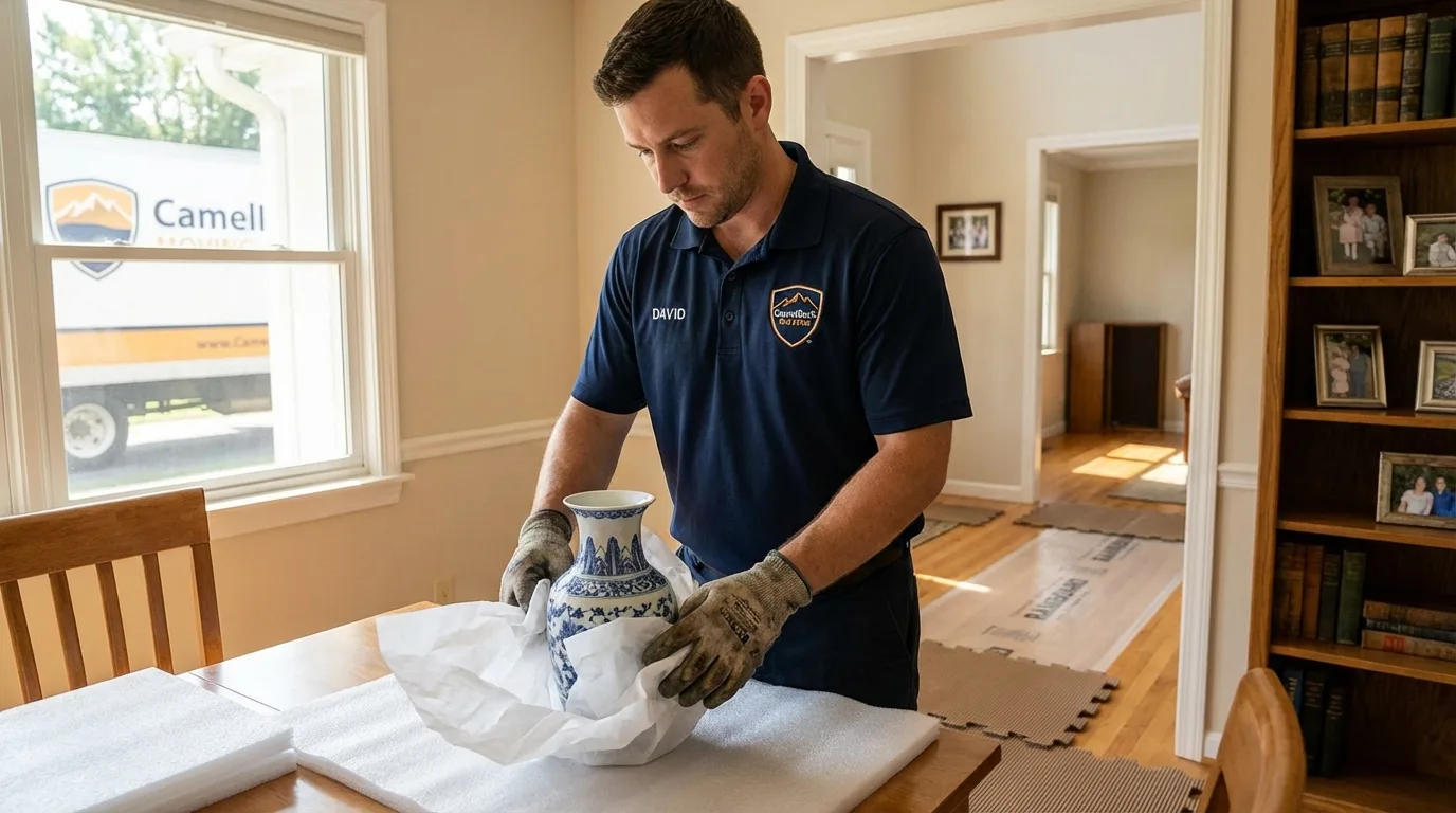 Professional crew carefully wrapping antique vase for senior downsizing move in Leitchfield, KY