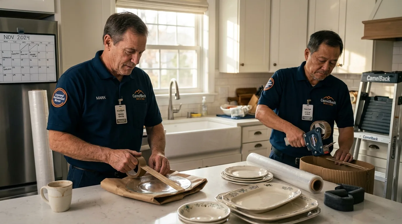 Professional crew packing kitchen dishware in Leitchfield, KY